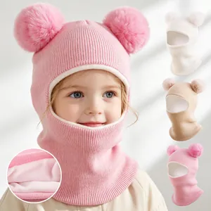 Kids Balaclava Hat Knit Plush Lined Winter Warm Hooded Scarf Dual Pom Poms Ear Protection For Toddler Baby Boys Girls