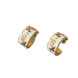 Elegant retro brass gold-plated enamel tulip stud earrings with 925 silver needles