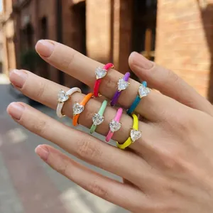 Colorful enamel drip oil open rings with heart-shaped crystal stone for women fashion