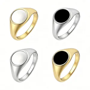 Minimalism Round Signet Ring Titanium Steel With Natural Shell And Drip Glue Inlay Modern Unisex Fashion Accessory