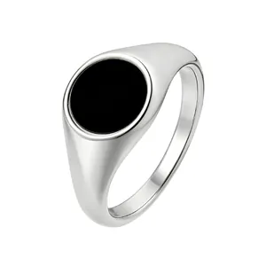 Minimalist silver signet ring with round black shell enamel inlay for women and men