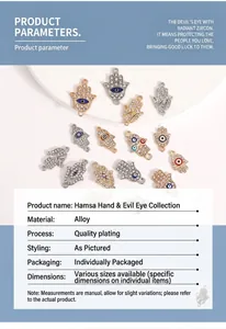 Exquisite alloy Hamsa hand and Evil Eye charms with zircon for DIY jewelry making