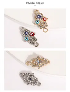 Detail of Hamsa Hand and evil eye jewelry connectors with sparkling rhinestones for DIY