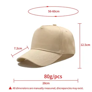Casquette de baseball en coton beige à 5 panneaux avec annotations de mesure détaillées