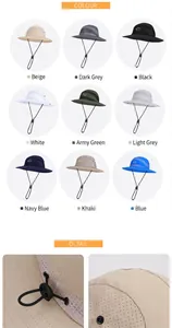 Multi-color outdoor sun hats with breathable mesh and adjustable drawstring details.