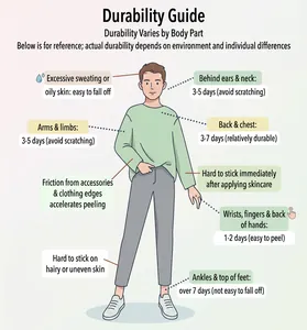 Instructional guide for temporary tattoo durability on different body parts and skin types