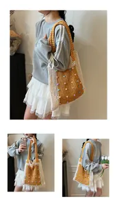 Detailed views of a trendy hollow knit tote bag with colorful beads and large capacity