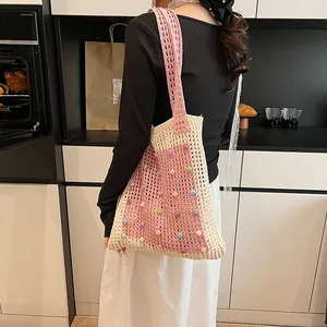 Large capacity hand-knitted hollow shoulder bag with colorful bead decorations