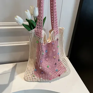 Handmade hollow out crochet shoulder bag with colorful beads and elegant floral decor