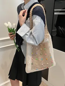 Handmade Crochet Flower Tote Bag Hollow Out Knitted Shoulder Bag Patchwork Pastoral Style Beach Bag For Women