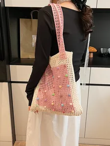 Stylish large capacity crochet shoulder bag with colorful beads and hollow knit design