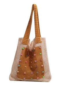 Large capacity hollow knitted shoulder bag with colorful pearl decorations