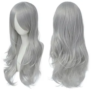 Longue perruque cosplay grise ondulée 70cm avec frange pour costumes d'anime