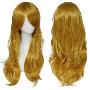 Vues avant et arrière d'une perruque de cosplay blonde dorée ondulée de 70 cm sur mannequin