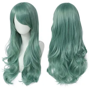Longue perruque cosplay ondulée bleu sarcelle 70cm vue avant et arrière