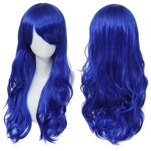 Perruque de cosplay longue et bouclée bleue 70cm avec vagues naturelles et frange