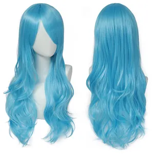 Détail des vues avant et arrière d'une perruque de cosplay bleue longue et ondulée de 70 cm