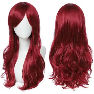 Vues détaillées d'une perruque de cosplay rouge bouclée de 70 cm sur un mannequin