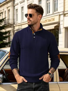 Close-up of navy blue cable-knit Henley sweatshirt with stylish brown elbow patches.