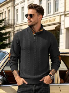 Stylish men's dark grey cable knit Henley sweater with stand collar and elbow patches