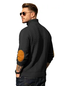 Close-up detail of men's jacquard knit high neck sweater with brown elbow patches