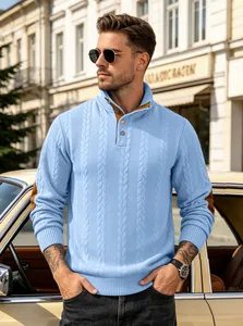 Stylish men's light blue jacquard Henley sweater with stand collar and elbow patches