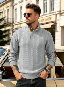 Close-up of men's grey jacquard Henley sweater with stand collar and button details