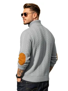 Back view of men's grey cable-knit turtleneck sweater with brown elbow patches.