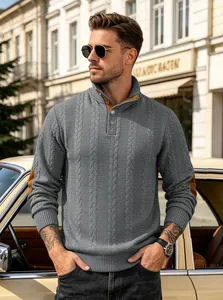 Detailed view of textured grey men's jacquard Henley sweater with elbow patches.