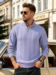 Detailed view of lavender cable-knit men's henley sweater with elbow patches