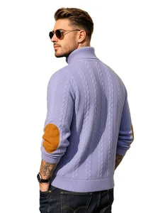 Male model wearing lavender cable knit turtleneck sweater with brown elbow patches