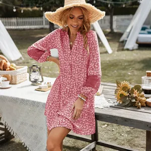 Boho floral red mini dress with lace patchwork sleeves for summer vacation and casual events