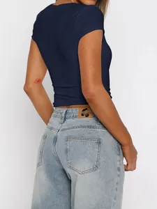 Detailed back view of a navy blue slim-fit Y2K style short sleeve T-shirt for women