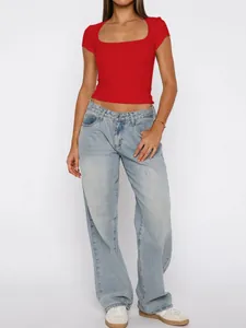 Red Y2K style short sleeve T-shirt for women featuring a low scoop square neckline