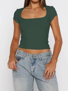 Front view of a dark green square neck short sleeve Y2K style slim fit top for women
