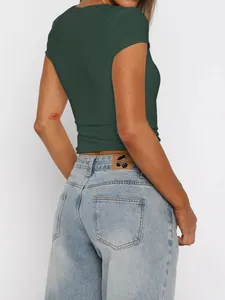 Back detail of a dark green Y2K style slim fit short sleeve T-shirt for women