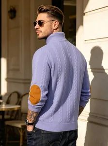 Detailed view of men's lavender cable knit turtleneck sweater with yellow elbow patches