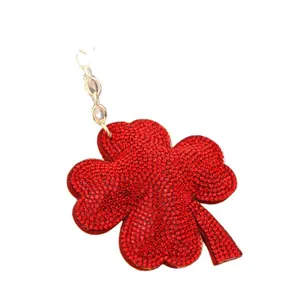 Elegant sparkling red rhinestone four-leaf clover keychain bag charm for DIY fashion