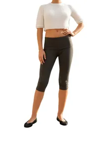 High-quality women's slim fit solid color cropped leggings with a wide fold-over waistband.
