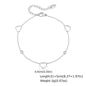 Bracelet en acier inoxydable argenté avec cœurs creux et zircons, ajustable 21+5cm