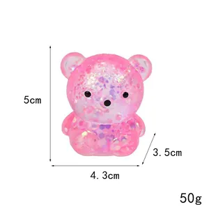 Detailed glitter pink bear squishy stress relief toy with 5cm height and size dimensions