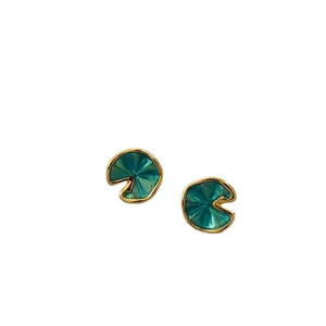 Vivid green enamel lotus leaf stud earrings with 925 silver needles for summer wear