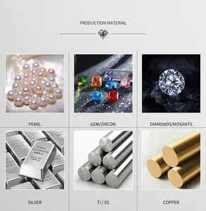 Jewelry production materials including pearls, gems, diamonds, silver, steel, and copper