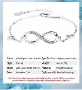 Detailed view of an S925 sterling silver infinity heart bracelet with cubic zirconia.