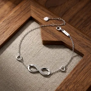 S925 Sterling Silver Infinity Heart Bracelet For Women Adjustable Rhinestone Inlaid Minimalist Fashion Jewelry Gift