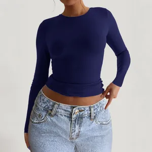 Dark blue slim fit round neck long sleeve knitted top for women in a modern Y2K style
