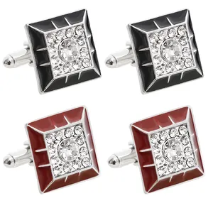 Premium square enamel cufflinks for men featuring sparkling rhinestone inlay in black and red