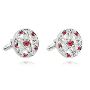 Zilverkleurige ronde manchetknopen voor heren met rood strass-pentagramontwerp