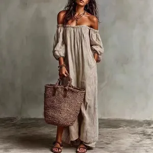 Bohemischer schulterfreier gestreifter Jumpsuit mit weitem Bein für Damen Sommer
