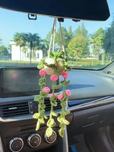 Handmade crochet potted plant car hanging ornament with pink flowers decoration